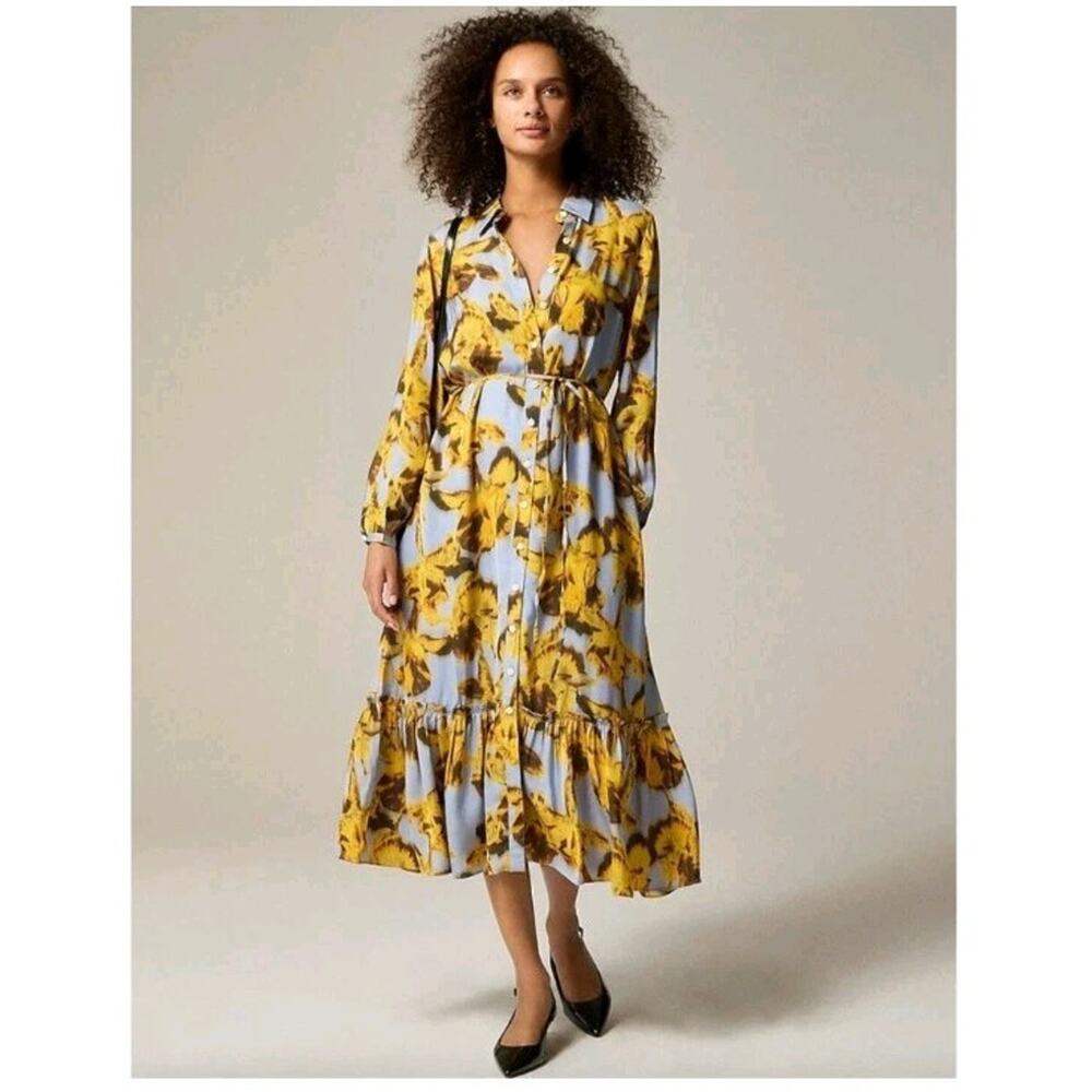 J. Crew Long Amelia Shirtdress Floral Drapey Viscose Twill Ruffle Pockets XXS